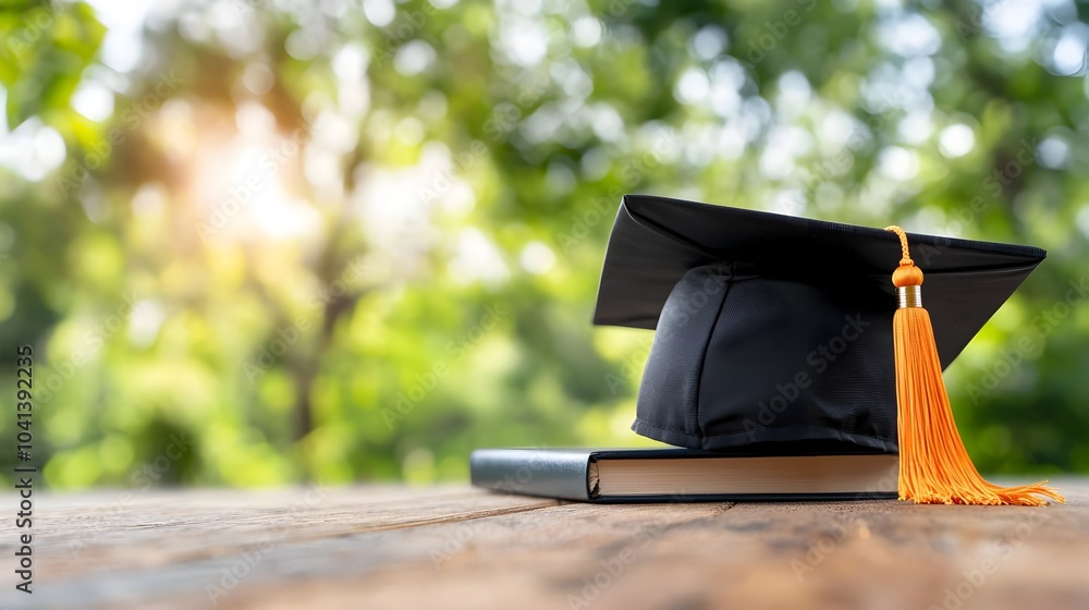 Poster graduation cap in focus with blurred background and empty space in the middle symbolizing academic a