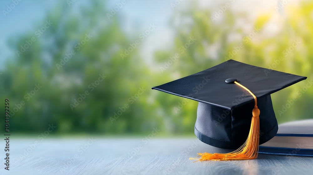 Poster graduation cap in sharp focus with blurred empty background space representing academic achievement 