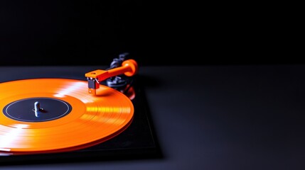 Vibrant orange vinyl record on turntable against black background.