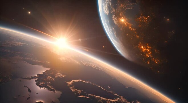 Sunrise Over Earth From Space With Glowing Light Rays and Stars In The Background 4K