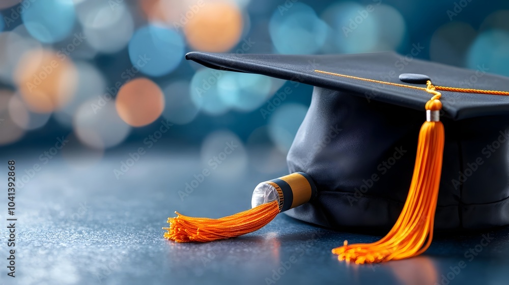 Aufkleber closeup of a tilted graduation cap or mortarboard with empty space on the left side perfect for addi