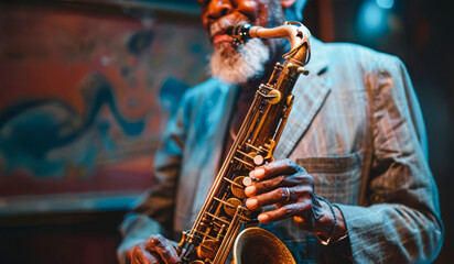 Obraz premium Soulful Saxophone Serenade: A close-up shot of a seasoned African-American jazz musician, deeply engrossed in playing his saxophone, his hands expertly maneuvering the instrument.