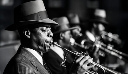 Obraz premium Jazz Trumpet Solo: A black and white photograph capturing the raw emotion and intensity of a jazz musician lost in the musical moment, the focus on the trumpet player's face, the trumpet, and the hat.