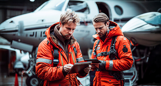 Aviation Professionals: Precision and Teamwork. Two pilots in vibrant orange flight suits meticulously review data on tablets, with a private jet as a dramatic backdrop.