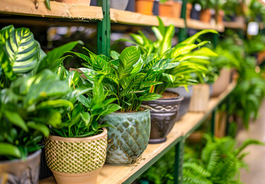 Vibrant Indoor Plants in Pottery: A lush collection of potted houseplants on wooden shelves, showcasing a variety of textures and greens. Perfect for home decor, gardening, and plant-lover blogs. 