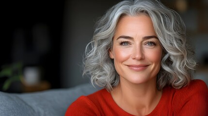 Fototapeta premium Warm and friendly smiling middle aged woman with gray curly hair sitting comfortably on a cozy sofa in her home looking relaxed and content