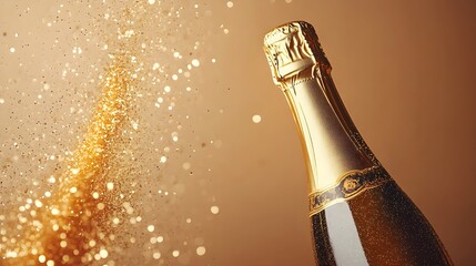 Champagne bottle with gold sparkle and glitter explosion, beige flat lay backdrop, festive party scene, celebration concept, perfect for invitation mockups