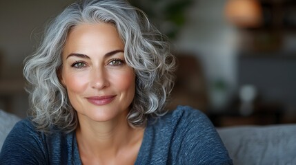 Fototapeta premium Warm and Inviting Portrait of a Smiling Middle Aged Woman with Curly Gray Hair Sitting Relaxed on a Comfortable Home Sofa in a Cozy Living Room Setting