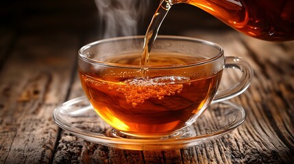 Fototapeta premium Black tea being poured into a glass cup, droplets captured mid-air, detailed steam and lighting on wooden table, black tea droplets, serenity in a cup