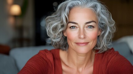 Fototapeta premium Mature woman with gray curly hair sitting comfortably on a sofa in a cozy welcoming living room smiling softly and exuding a sense of serenity and contentment