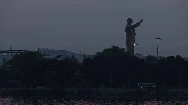 Sunset view of Dr. B. R. Ambedkar Statue. Hyderabad, India. Timelapse video.