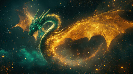 majestic dragon with glowing golden wings soars through starry sky