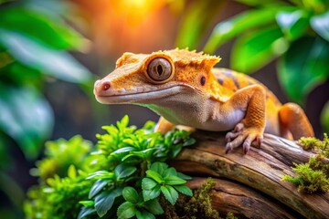 Fototapeta premium Captivating Crested Gecko in Lush Terrarium Setting: Stunning Product Photography Showcasing Lively Reptile Details, Natural Habitat, and Vibrant Colors for Enthusiasts and Collectors