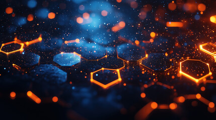 Dark textured background with glowing hexagonal shapes and particles creates mesmerizing
