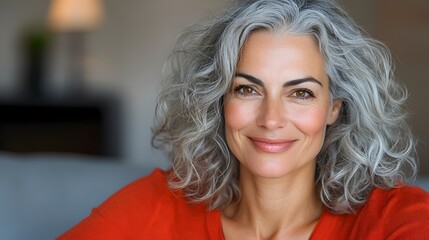 Fototapeta premium Cheerful middle aged woman with gray curly hair sitting relaxed on a sofa warmly looking at the in a cozy and inviting home environment