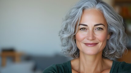 Fototapeta premium Mature woman with gray curly hair sitting comfortably on a sofa in her living room smiling gently and looking relaxed in a cozy welcoming home environment