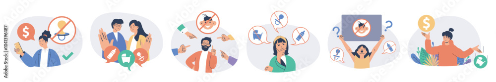 Poster childfree by choice concept set with characters in flat design for web. people make decision not to 