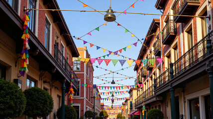 Fototapeta premium Colorful Festival Flags Hanging Between Buildings