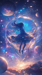 Fototapeta premium Dreamy anime girl floating in space, surrounded by glowing planets and twinkling stars, her hair and clothes flowing in the cosmic wind, vibrant nebulae and galaxies swirling in the distance,