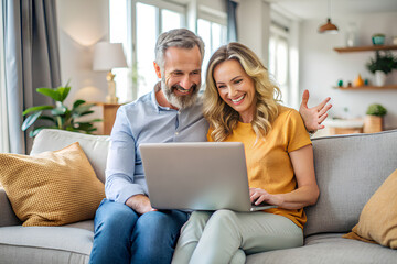 Happy couple using laptop video call to family sitting sofa