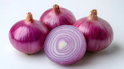 Closeup shot of fresh,sliced purple onions on a plain white background. The onion rings showcase the vegetable's vibrant color,texture,and natural patterns. It's a simple.