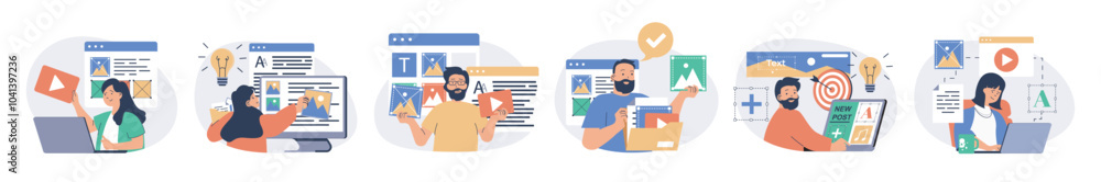 Aufkleber Content manager concept set with characters in flat design for web. People filling sites with images and graphics, writing articles for publication, making posts in online blog. Vector illustrations.