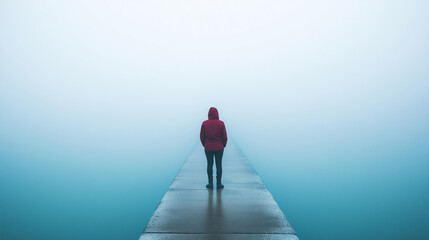 Obraz premium Person Standing at the Edge of a Pier, Looking Out Over Foggy Water