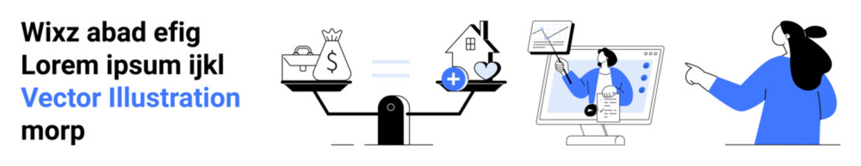 A person pointing at scales balancing between a bag of money and a house, alongside a doctor analyzing data on a screen Ideal for financial decisions, healthcare, work life balance, online