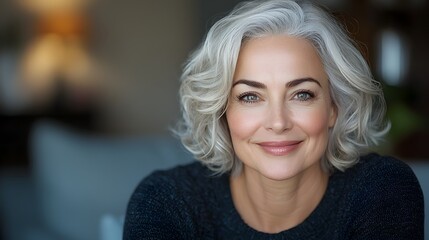 Fototapeta premium Smiling and Relaxed Mature Woman with Gray Curly Hair Sitting Comfortably on a Couch in a Cozy and Inviting Living Room Setting