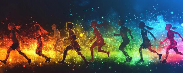 Children engaged in physical education, their movements tracked by AI, leaving vibrant trails in the air, Psychedelic, Dynamic colors, Digital illustration