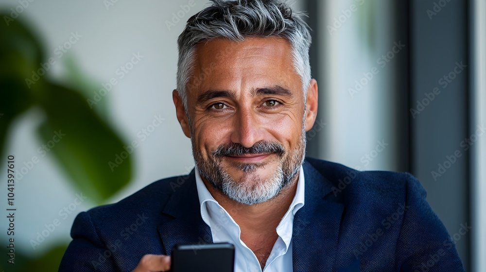 Poster confident middle aged business executive in a suit smiling and using his cellphone looking aside on 