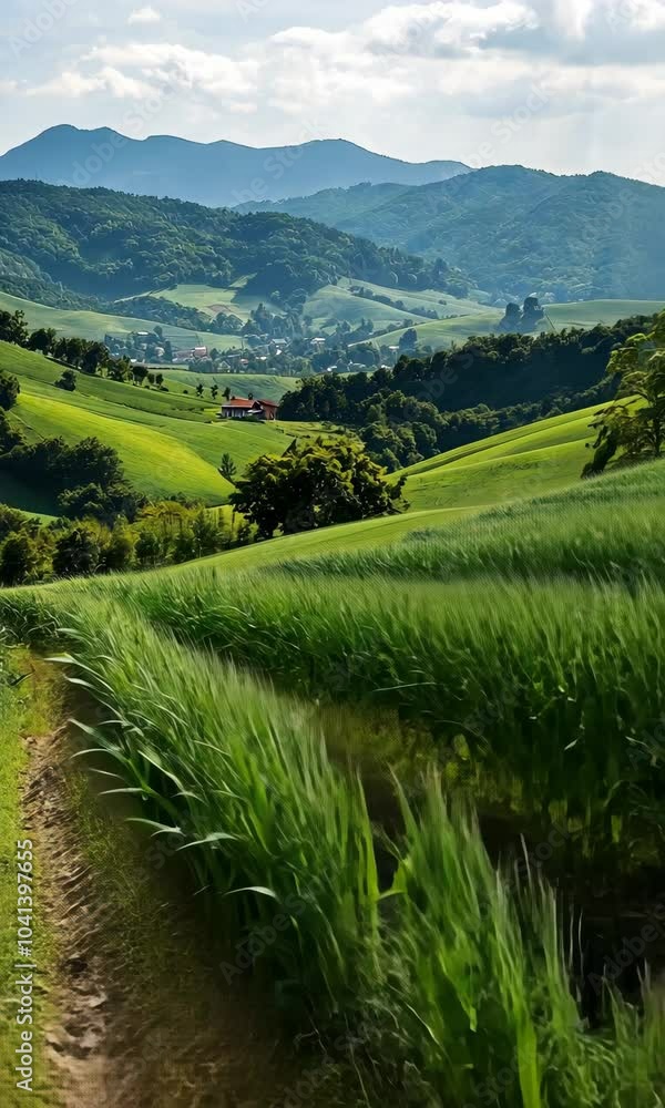 Poster a lush green field with a path running through it. the field is full of corn and the sky is clear