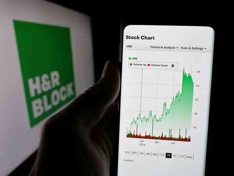 Stuttgart, Germany - 10-17-2024: Person holding smartphone with webpage of US tax preparation company HR Block Inc. on screen in front of logo. Focus on center of phone display.