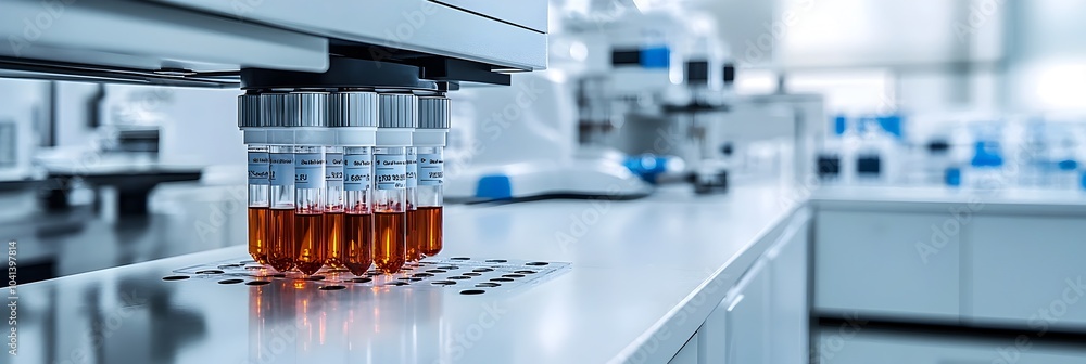 Poster close-up view of various laboratory equipment,including glass beakers,test tubes,pipettes,and other 