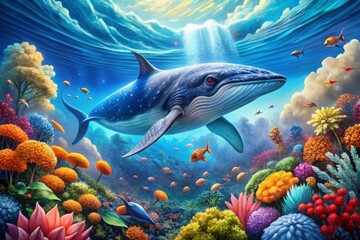 Obraz premium Cartoon Blue Giant Whale in a Vibrant Ocean Landscape - Enchanting Underwater Scene with Colorful Marine Life and Whimsical Elements for Stunning Panoramic Photography