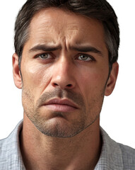 Fototapeta premium Man looking frustrated, clenched jaw and narrowed eyes, tension and stress in life