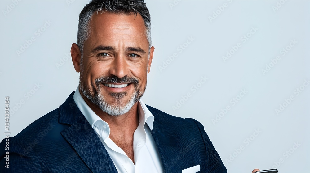 Poster portrait of a confident middle aged businessman in formal business attire smiling while using a smar
