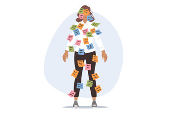 Importance of multitasking causes stress for business woman, with stickers on face and body. Girl office worker needs increased productivity and multitasking skills for career growth