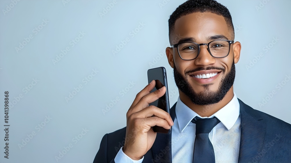 Poster cheerful corporate professional in formal attire smiling and using smartphone in plain white backgro