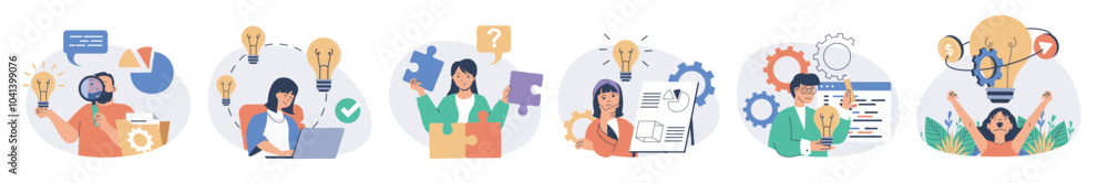 Poster Creative business concept set with characters in flat design for web. People thinking and finding best solutions, brainstorming with inspiration, develop company with innovation. Vector illustrations.