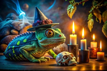 Chameleon in Wizard Hat on Skull with Candles and Spell Books - Enchanted Fantasy Scene, Mystical Elements, Witchcraft, Magic, Colorful Chameleon, Spooky Decor, Halloween Vibes, Eerie Atmosphere
