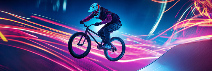 BMX Bike Rider Hovering in Mid-Air Above a Ramp, Surrounded by Neon Trails and Motion Lines 