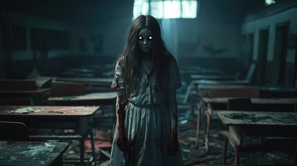 Scary ghost girl with hollow eyes and a spectral appearance, set against a dimly lit, abandoned school with broken desks and an unsettling ambiance.