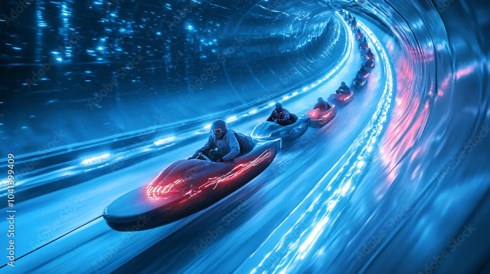 Poster bobsled team racing down a track made of light, with frosty trails following their path