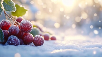 Close-up of red grapes covered in frost on a snowy ground with a blurry background.