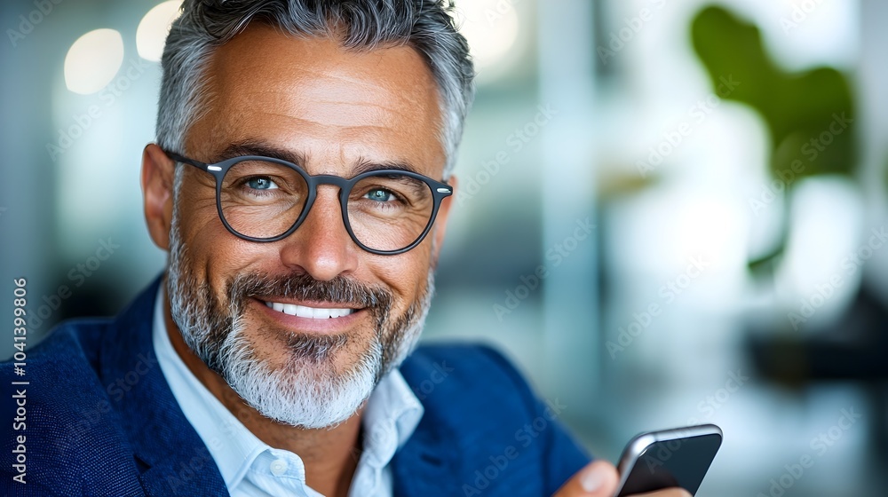 Poster confident and successful middle aged businessman using mobile phone with positive and optimistic exp