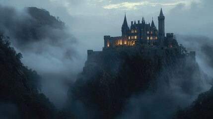 Naklejka premium Mystical Castle on a Hill Surrounded by Fog