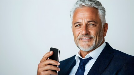 Confident and Successful Mature Businessman in Suit Using Cellphone and Smiling on Plain White Background