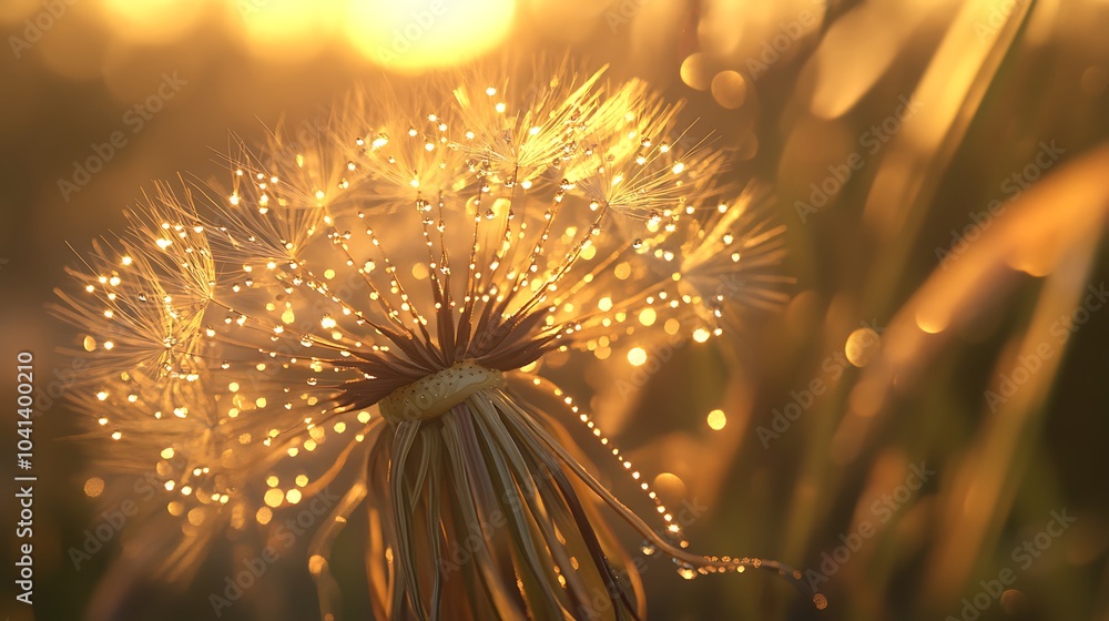 Poster macro shot of a dandelion’s seed head, with tiny dewdrops clinging to its fragile fibers, sparkling 