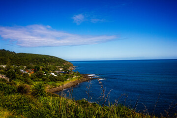 Fototapeta premium Panoramic view over high coast of Tasman Sea on an overcast summer day. High vantage point. Raglan, New Zealand